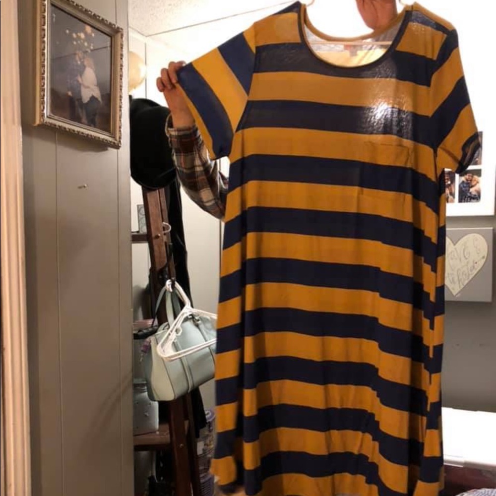 Lularoe Carley 2x Navy and yellow stripe.